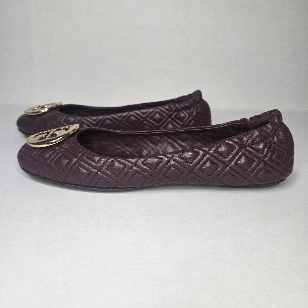 Tory Burch Minnie Quilted Nappa Leather Ballet Flats Port Burgundy Wine US 10
